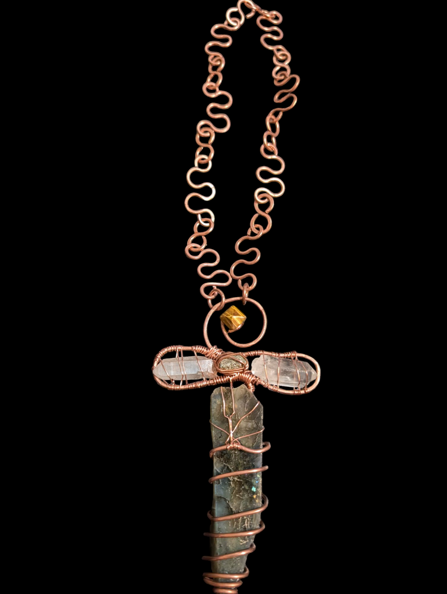 Tiger's Eye, Labradorite, Clear Quartz, and Pyrite Ankh with Copper Chain
