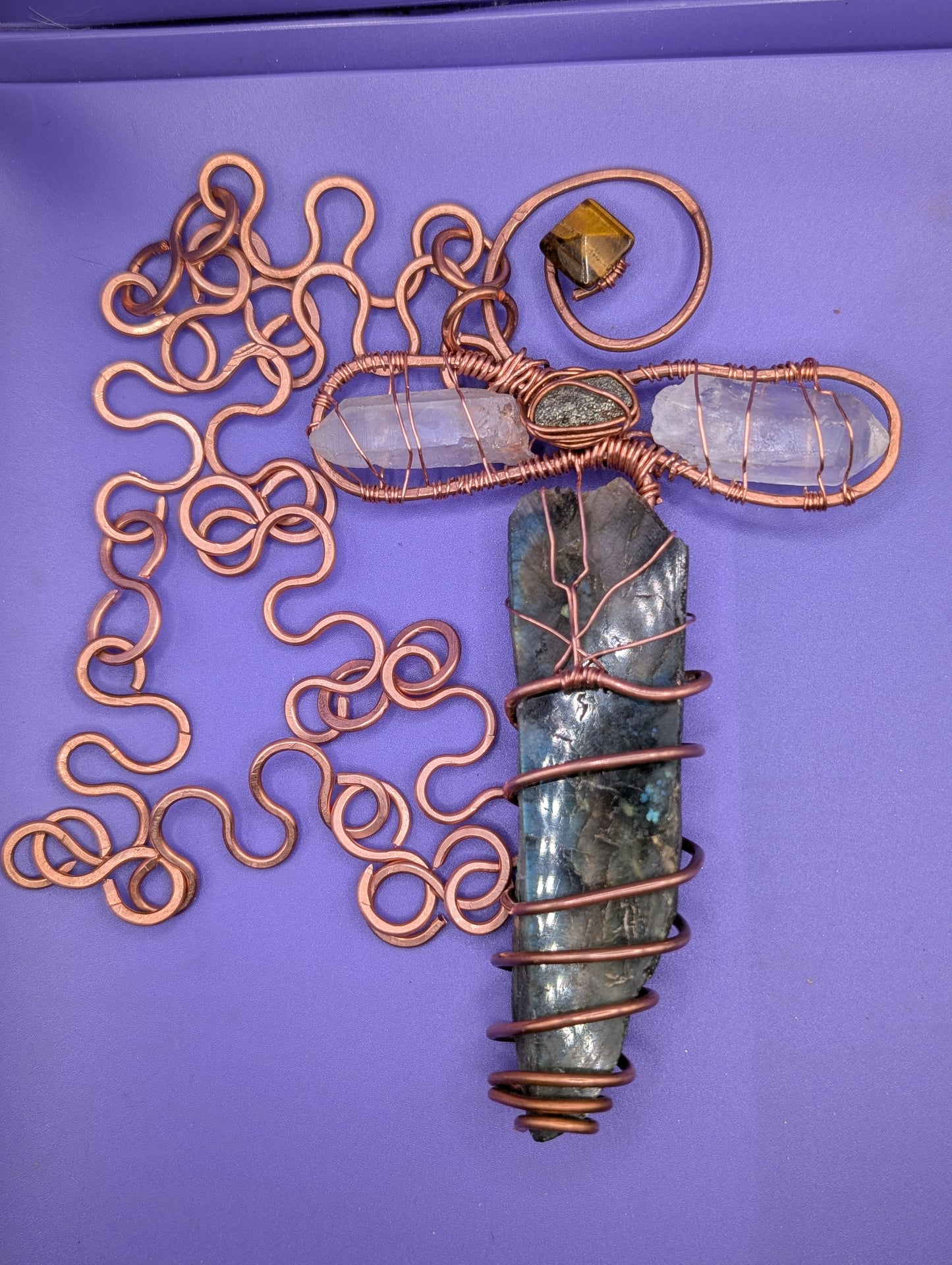 Tiger's Eye, Labradorite, Clear Quartz, and Pyrite Ankh with Copper Chain