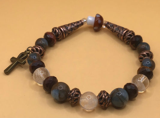 Blue jasper Cloisonné, red tigers eye, clear quartz, and antique copper bracelet