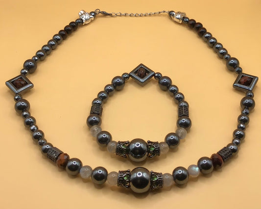 Hematite, Labradorite, and Red Tiger’s Eye Necklace and Bracelet Set