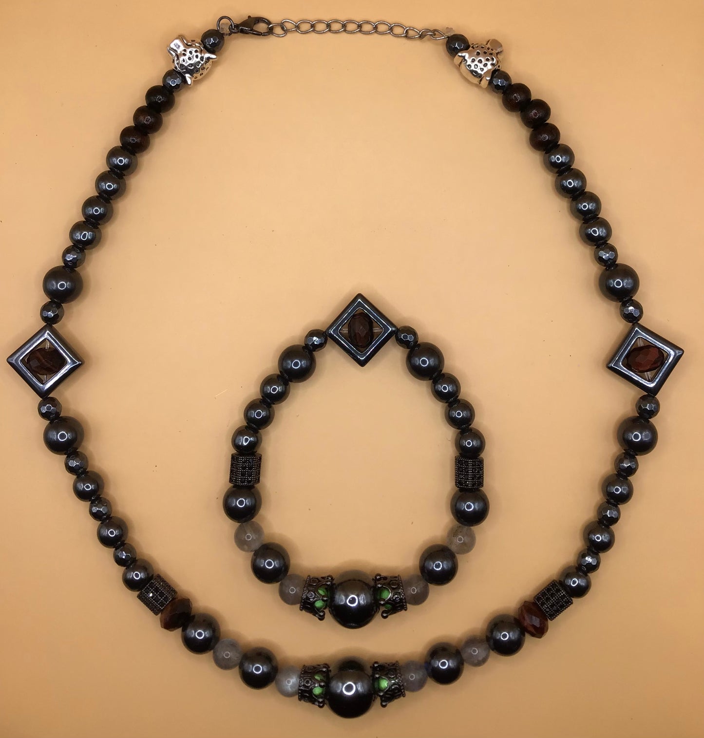 Hematite, Labradorite, and Red Tiger’s Eye Necklace and Bracelet Set