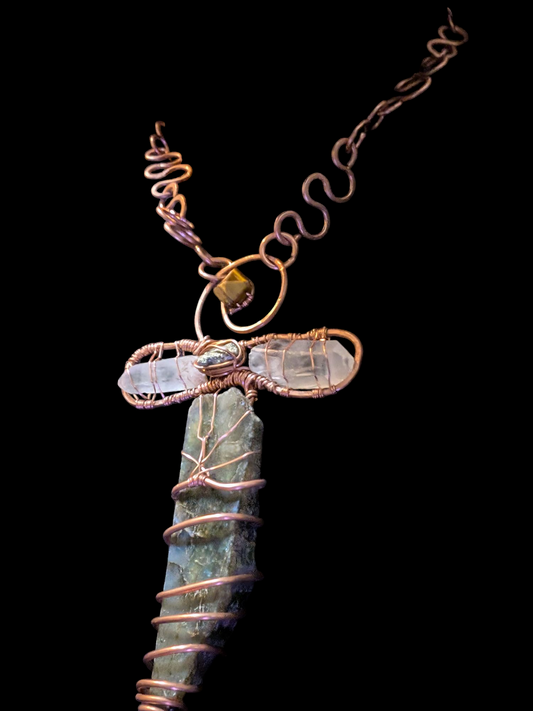 Tiger's Eye, Labradorite, Clear Quartz, and Pyrite Ankh with Copper Chain
