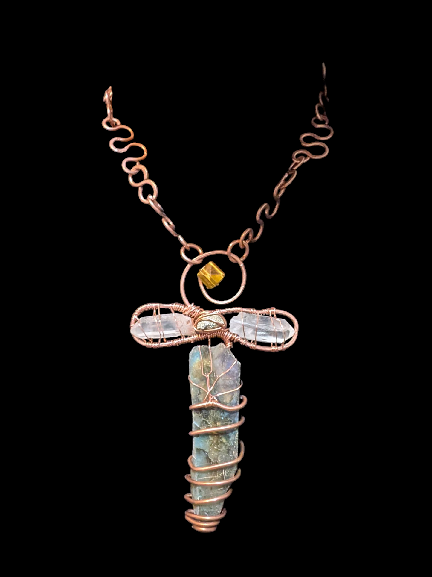 Tiger's Eye, Labradorite, Clear Quartz, and Pyrite Ankh with Copper Chain
